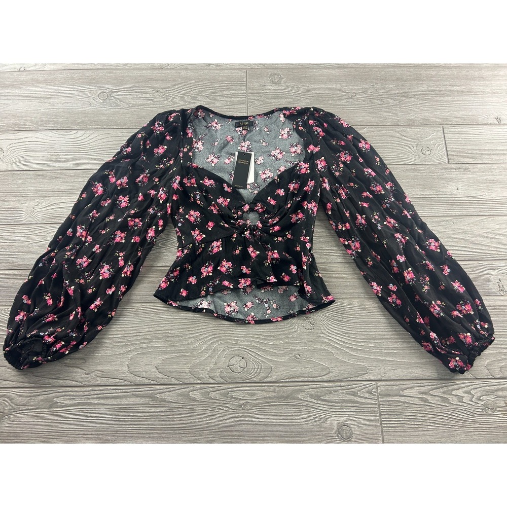 AFRM Womens Floral O Ring Blouse XS V Neck Cropped Balloon Long Sleeve Black